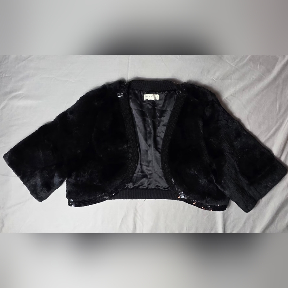 Lord & Taylor Black Faux Leather Bolero 3/4 Sleeve Short Cardigan